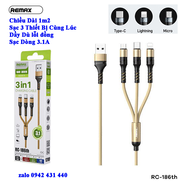 Cáp Sạc Remax 3 Đầu RC-186TH LIGHNING - MICRO USB - TYPE C Dây Dù