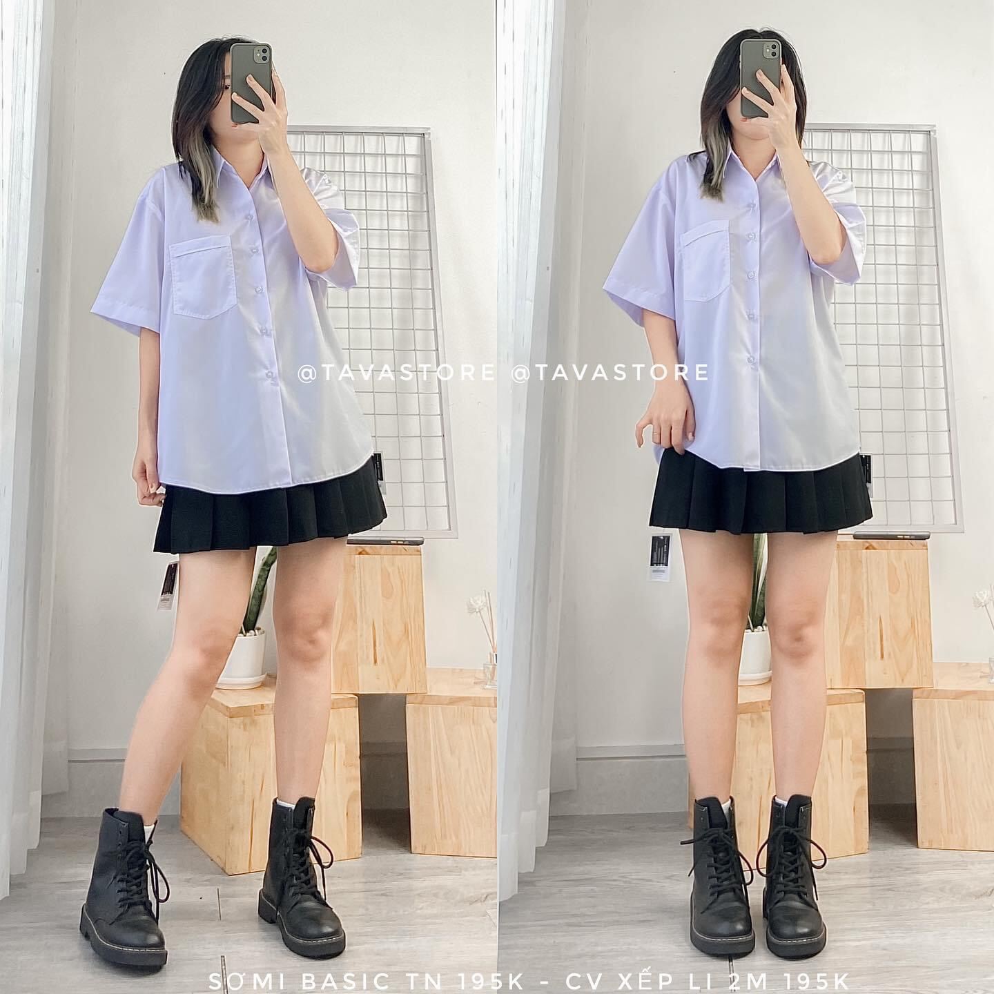 Set váy tennis đen + sơ mi tay lỡ 1 túi