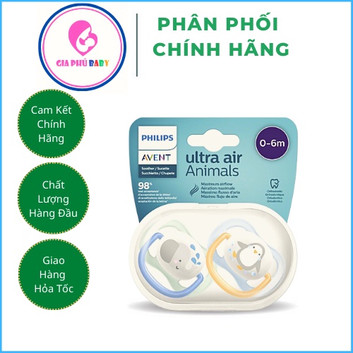Philips Avent núm ty ngậm thông khí - TI GIẢ Ultra air mẫu mới nhất phiên bản Animals Avent 0-6m/6-18m chính hãng