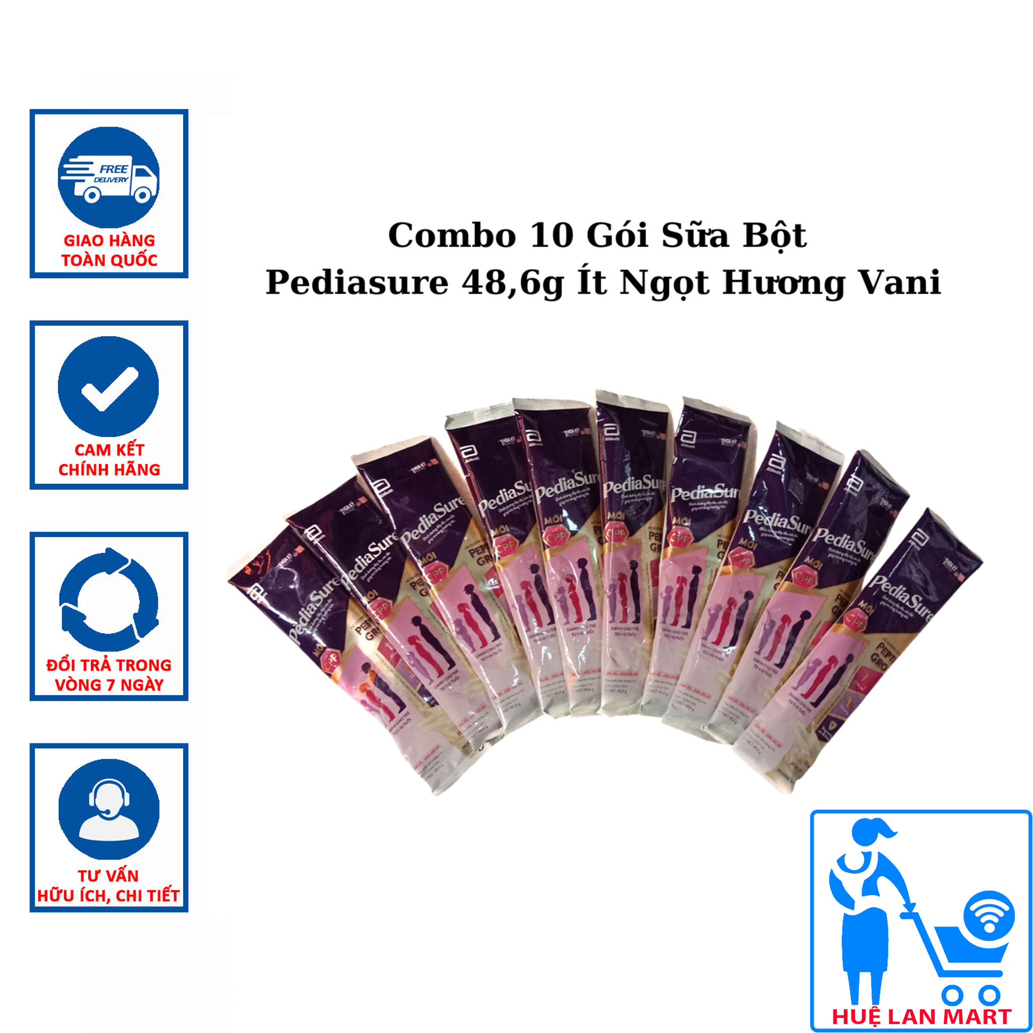 Combo 10 gói sữa bột pediasure 48,6g ít ngọt hương vani