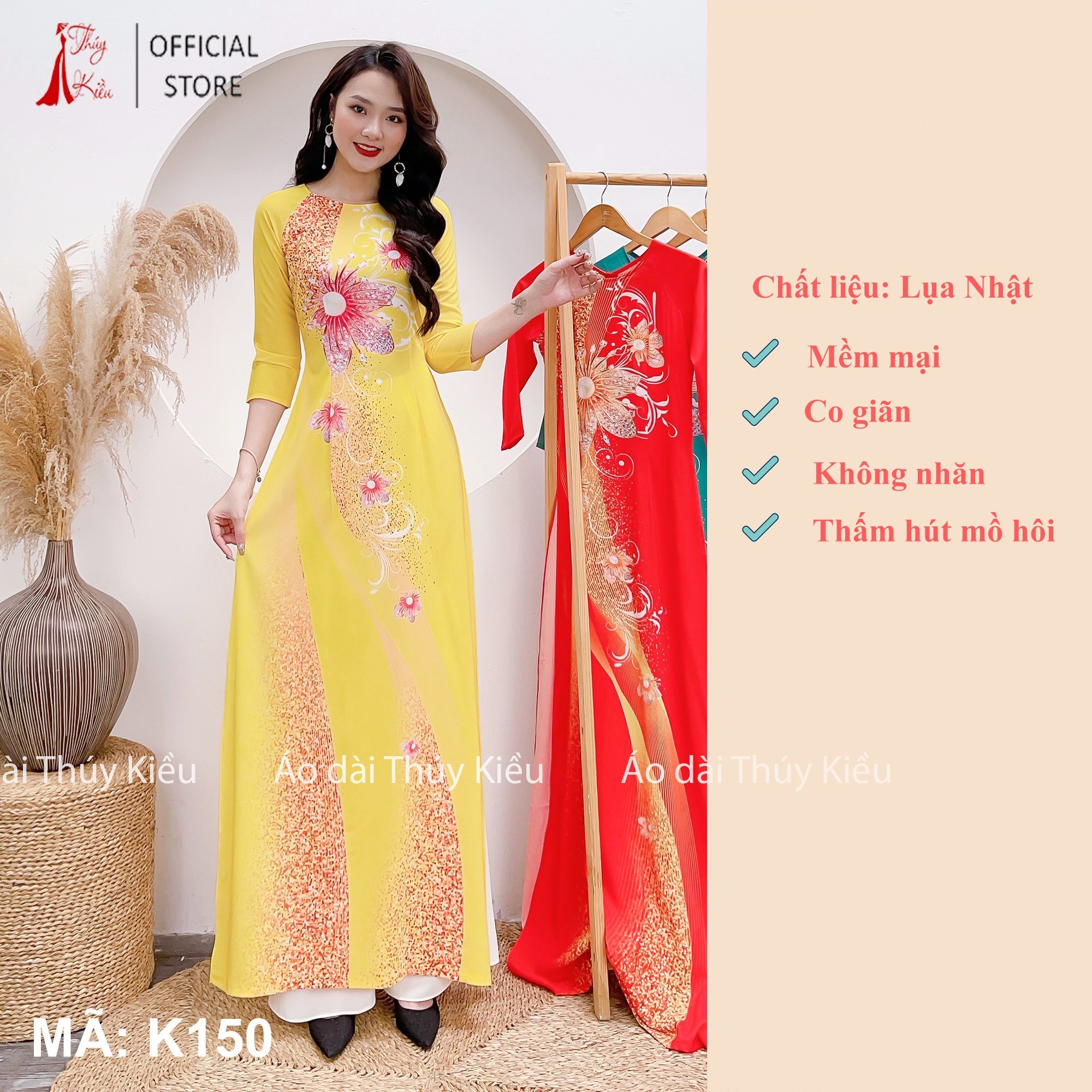 Áo dài Thúy Kiều Áo dài lụa Nhật nền vàng K150 óng ánh hoa ngực ❤️FREESHIP❤️mềm mại, co giãn, áo dài giá rẻ
