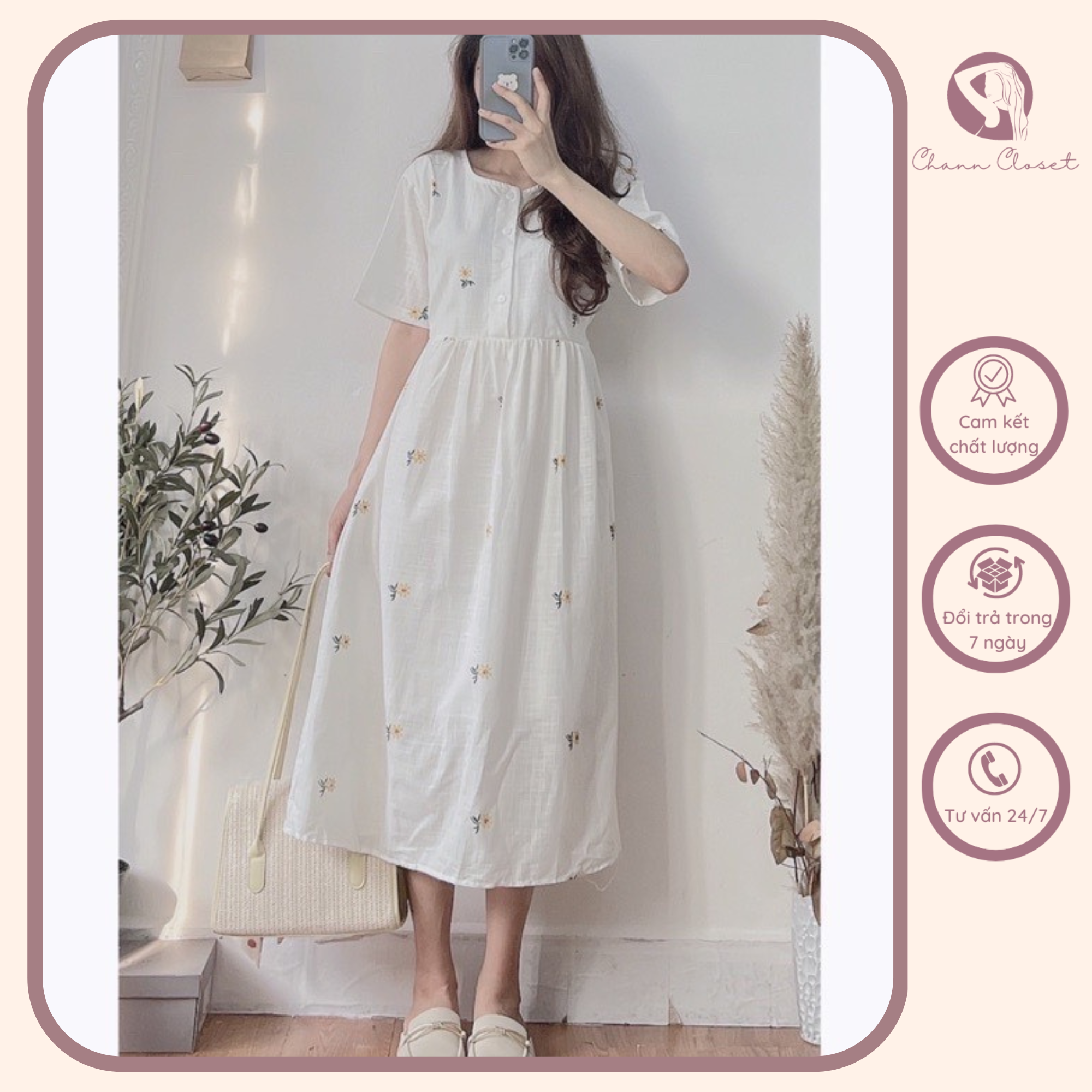 Đầm Babydoll trắng nữ tay phồng thêu hoa cúc có lớp lót – Chann Closet