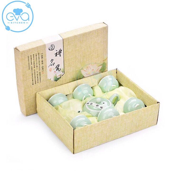 [HCM]Bộ Ấm Chén Trà Men Ngọc Cá 3D Xanh Nhạt