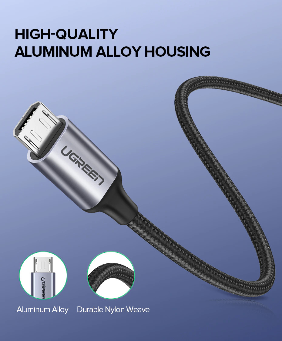 Cáp sạc USB 2.0 A sang Micro Ugreen US290 | Sạc nhanh cho Samsung Xiaomi HTC | Vỏ sợi siêu bền | Bảo Hành 1 đổi 1 18 tháng | 60144 60145 60146 60147 60148 60403 60151 60152 60153 60149 60150 60404