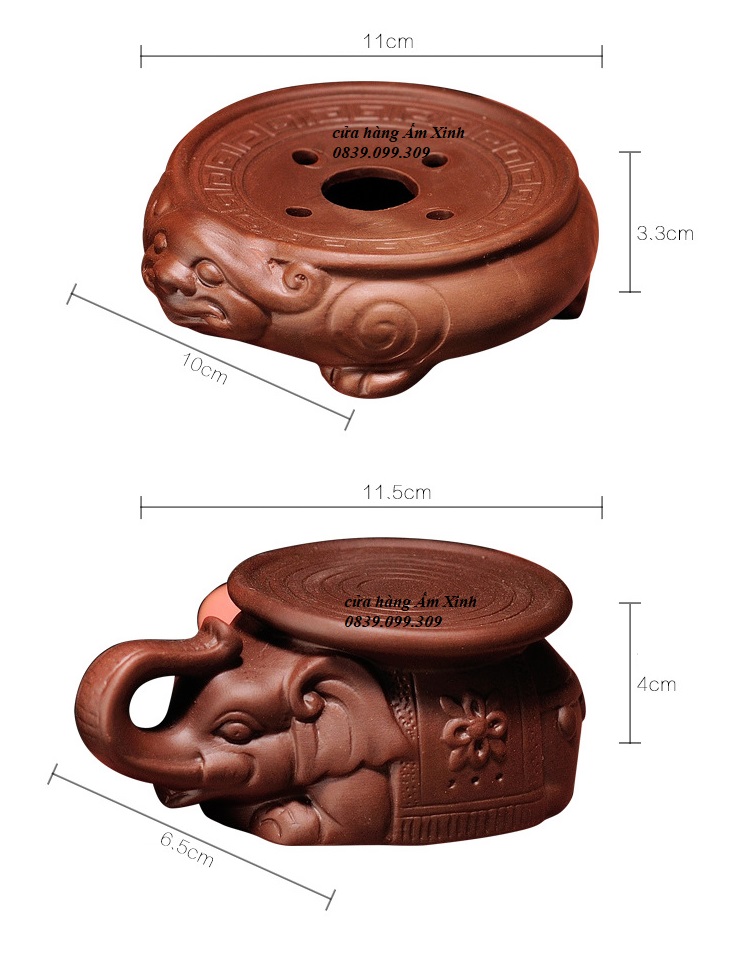 Đôn voi mini cõng ấm trà , chén, chậu bonsai