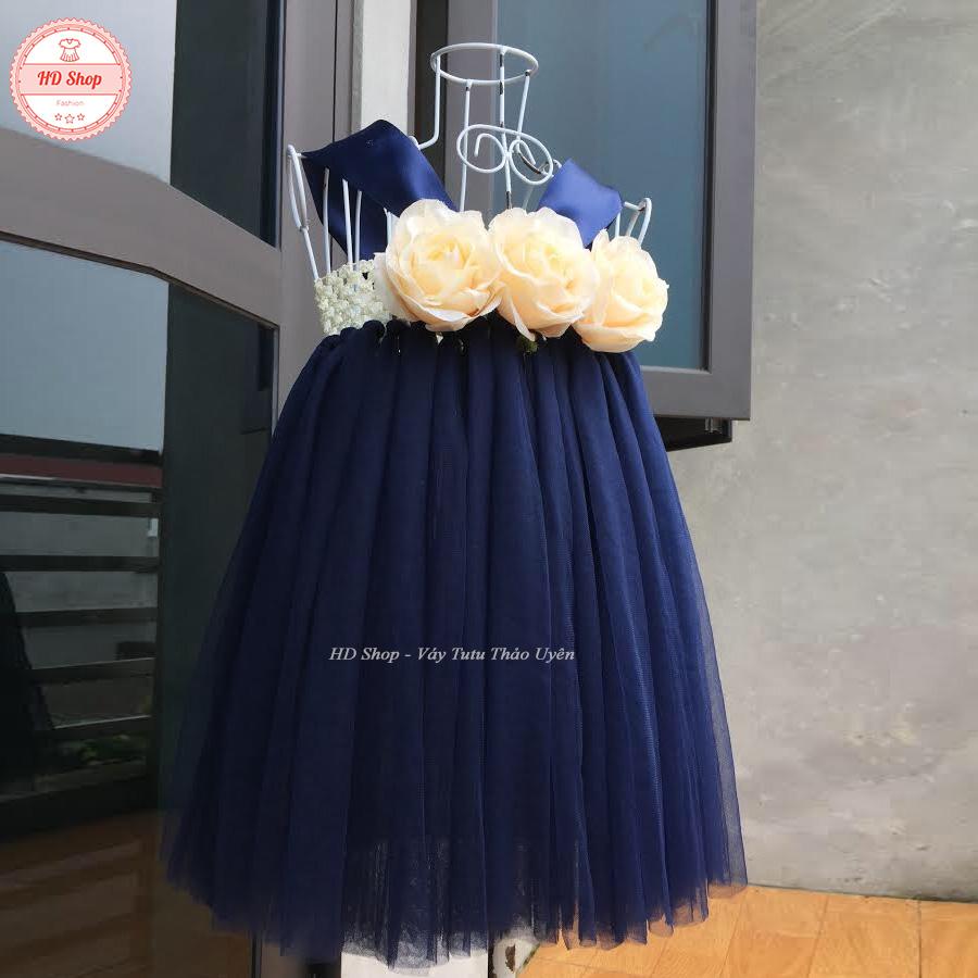 Váy tutu xanh than hoa hồng lụa cho bé gái