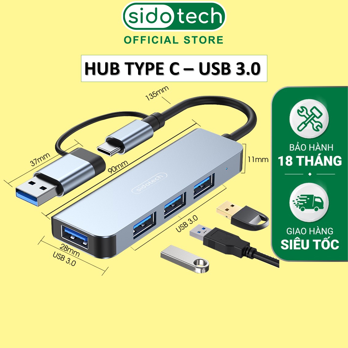 HUB USB Type C 3.0 bộ chia cổng 4 in 1 SIDOTECH tốc độ cao tích hợp cả cổng USB và TYPE C bộ mở rộng chia ra 4 port tương thích cho máy in bàn phím chuột macbook pro máy tính để bàn laptop PC - Hàng chính hãng