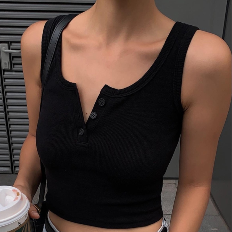 Áo croptop cổ V có cúc cài 2 màu trắng đen