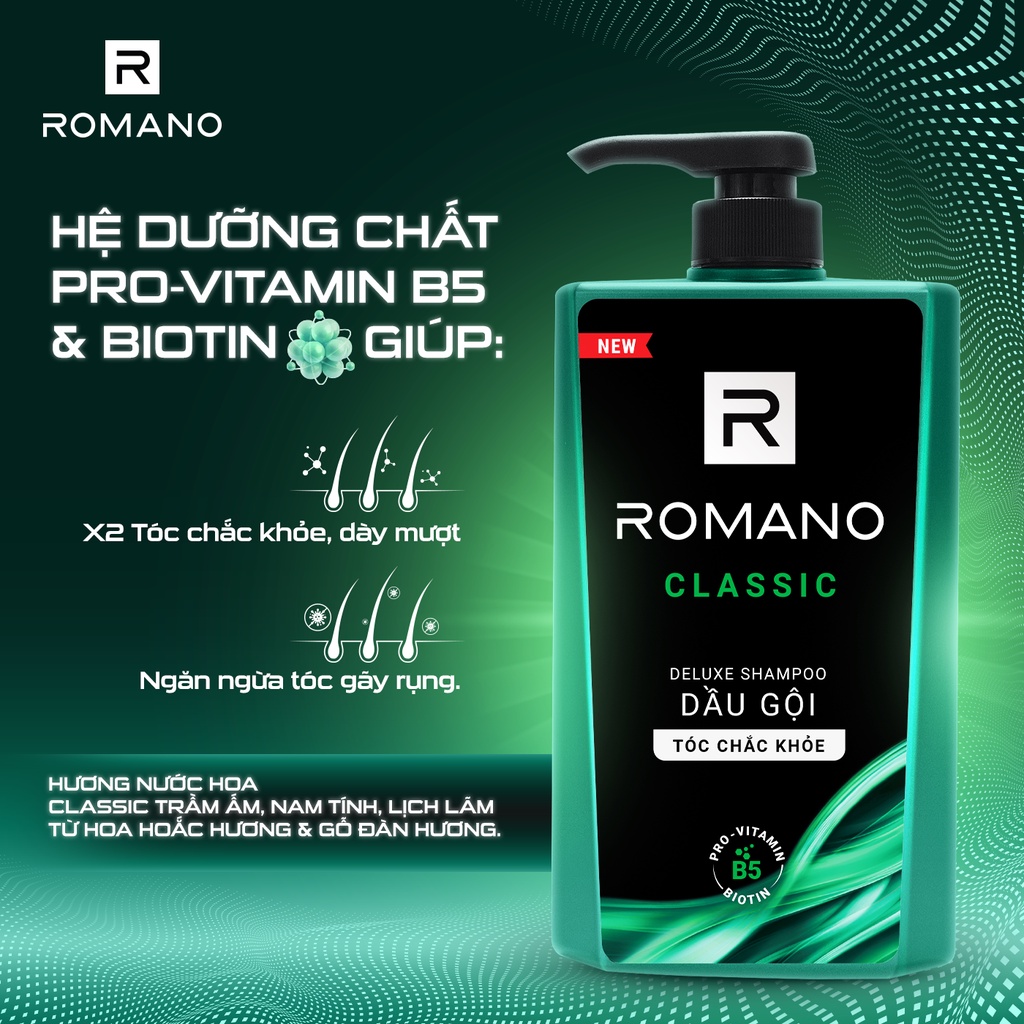 Dầu Gội Romano Classic 900g – Hương Nước Hoa Nam Tính, Sạch Gàu, Thơm Lâu