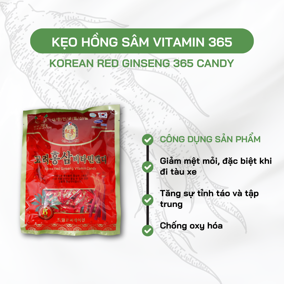 Kẹo Hồng Sâm Vitamin KHealth Hàn Quốc - Hỗ Trợ Giảm Mệt Mỏi, Giảm Say Tàu Xe