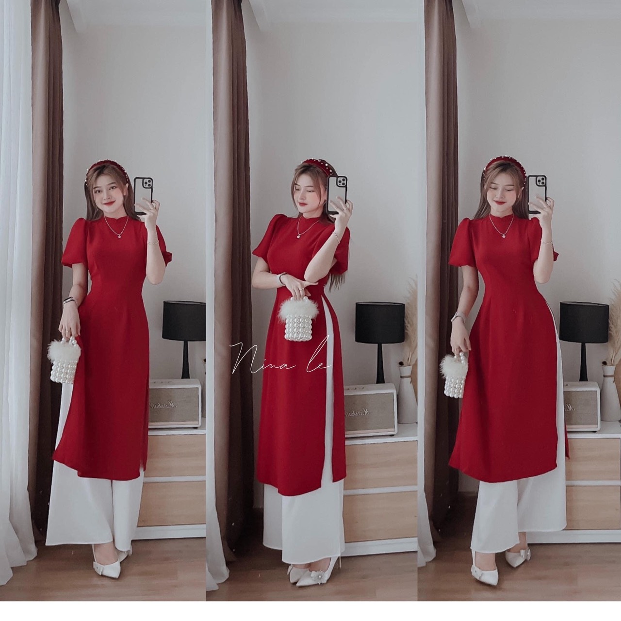 Áo dài đũi quần lụa nữ tone đỏ rực rỡ đi chơi xuân, Áo dài cách tân quần trắng suông màu đỏ phù hợp chơi tết, Áo dài thiết kế nữ cách tân tay bồng điệu đà MTB