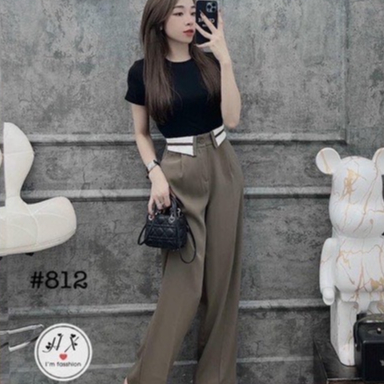 Quần Nữ Dáng Suông Ống Rộng Lưng Cao Kẻ Viền Cạp Gấp Phong Cách Ulzzang, Quần ống rộng vải ruby cạp khoá lưng cao 1 cúc cạp viền bẻ