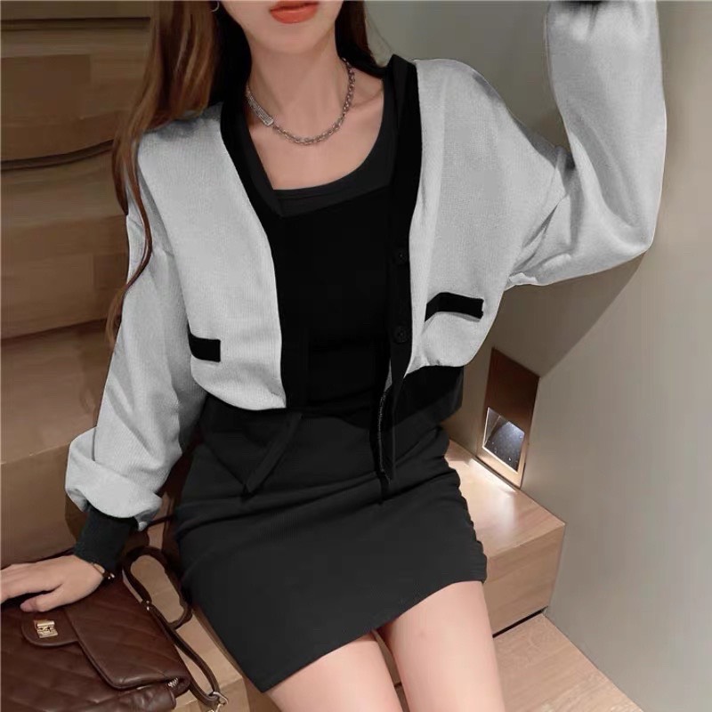 Set 2 món đầm ba lỗ + áo khoác phối màu