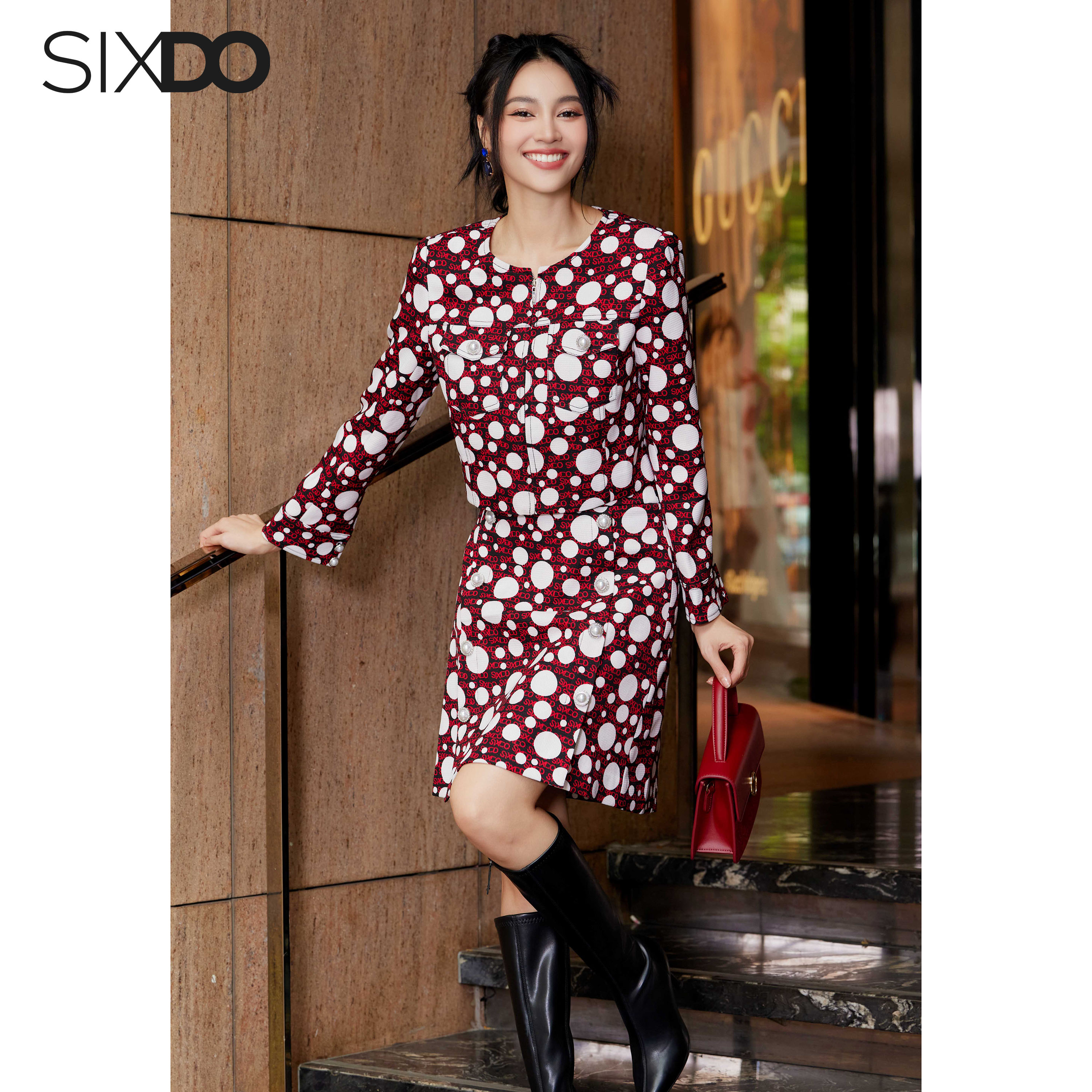 Chân váy thô chấm bi chữ A phối cúc SIXDO (Black With White Polka Dot Mini Raw Skirt)