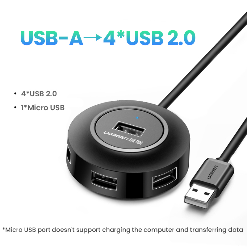 UGREEN USB 2.0 HUB 4 Ports Mini Size USB 2.0 Splitter Switch with Micro USB Charging Port for Computer Laptop Accessories for a5s Model:20277