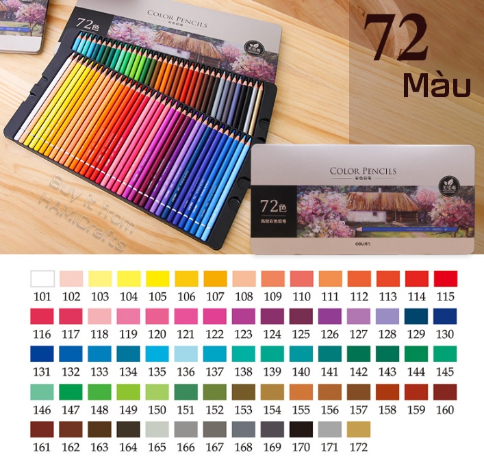 Bộ chì màu khô hộp thiếc deli 24/36/48/72 màu cao cấp