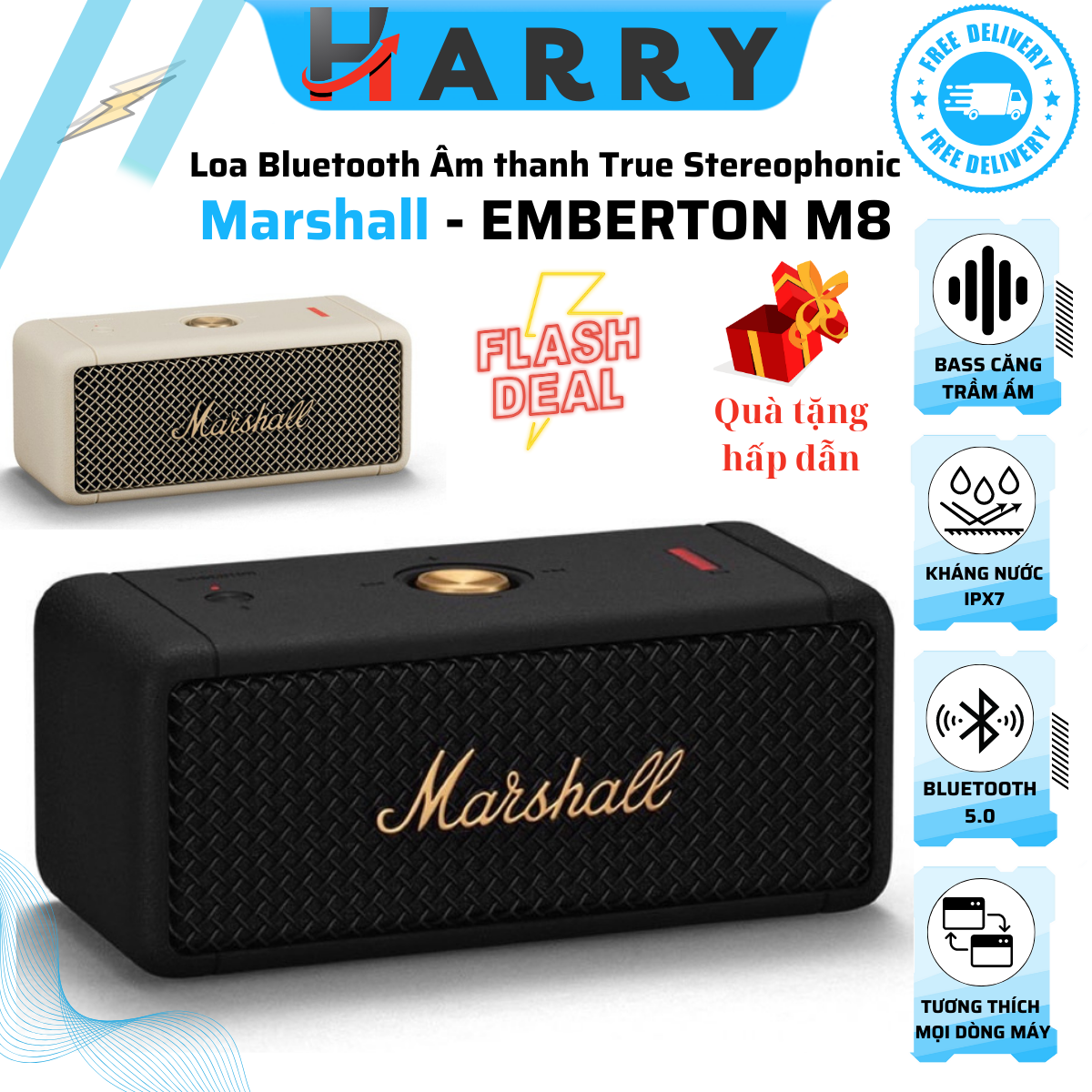 {HCM} Loa Bluetooth Marshall EMBERTON M8 , Âm thanh True Stereophonic với 2 củ loa toàn dải 2 inch Dynamic kết hợp 2 Passive Radiator.