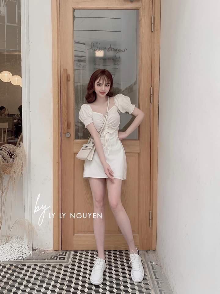 Đầm nữ màu trắng rút dây ngực