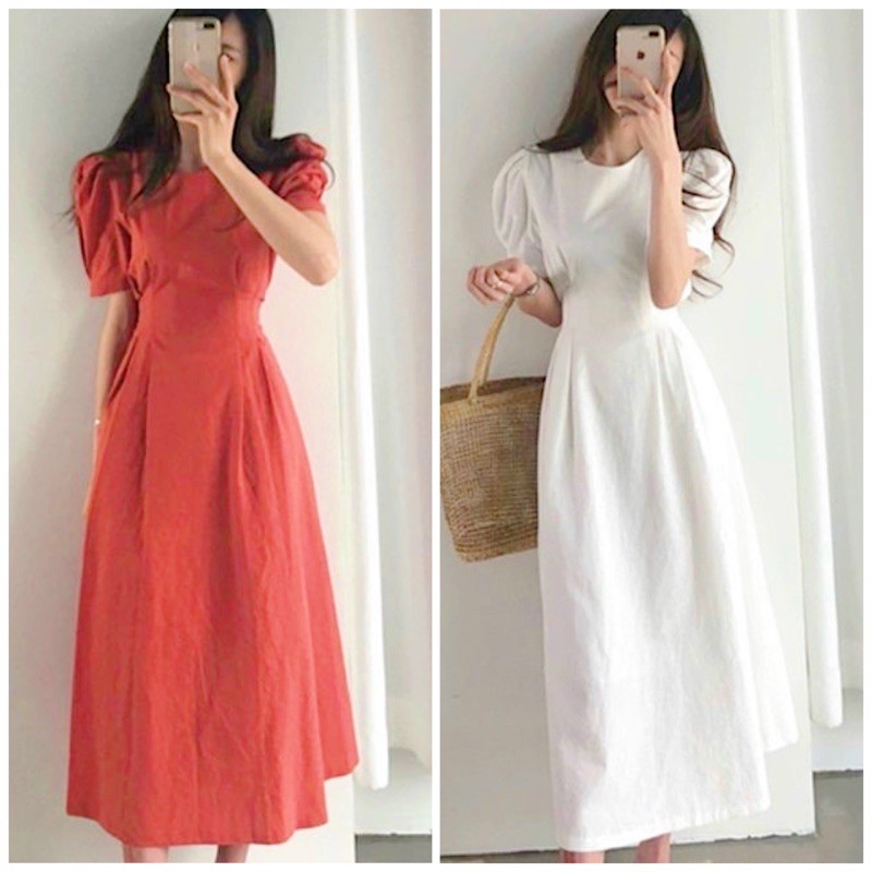 Đầm cổ tròn xếp li eo 2 màu