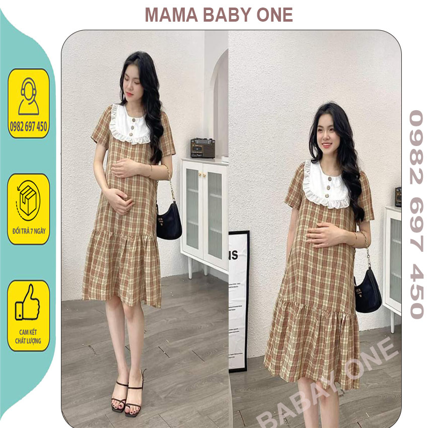Váy bầu công sở kẻ xinh xắn - đầm bầu đuôi cá phối cổ bèo dễ thương. v-05