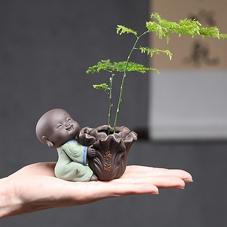 Tượng Chú Tiểu Và Chậu Gốm Cầu Phúc 02