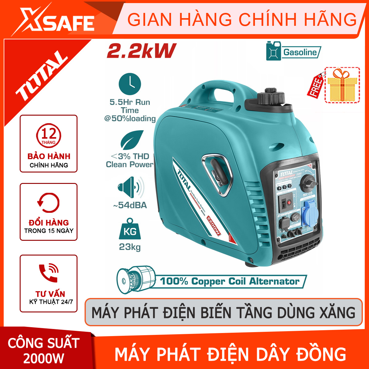 2KW gasoline generator set total tp53100000 copper wire 4 stroke cylinder engine genuine shock start-xsafe-xtools