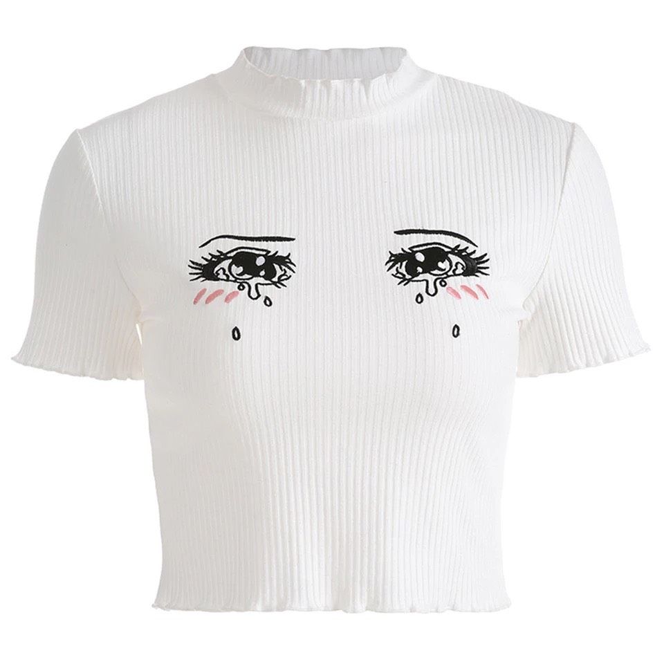 Mẫu mới áo thun gân croptop hình đôi mắt khóc