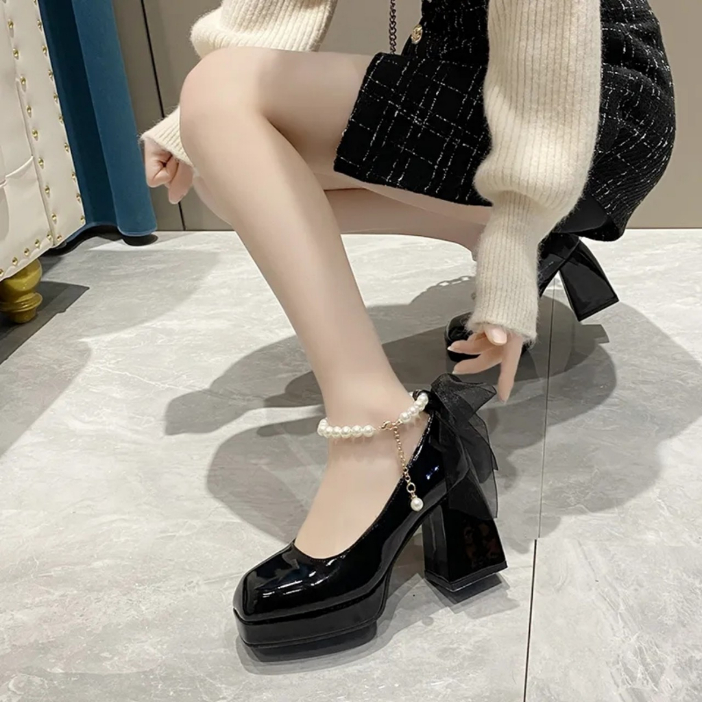 Giày Mary Jane cao gót nữ đúp mũi 10p đế dày , Giày nữ 10cm quai xích ngọc thắt nơ điệu đà