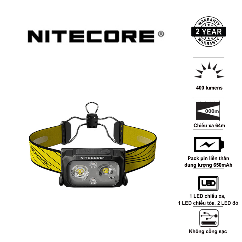 Đèn pin đội đầu nitecore nu25 độ sáng 400 lumen tầm chiếu xa 64m pack pin liền thân 650mah usb-c