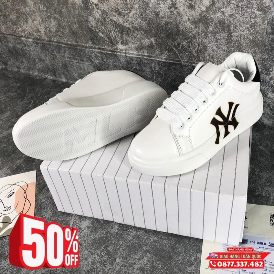 Giày thể thao NY độn đế tăng chiều cao Full Box, Giày MLB NY màu trắng chữ đen đủ size nam nữ full pk