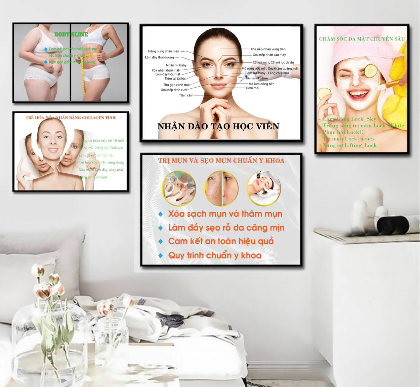 Bộ 5 tranh spa, fomet dán tường spa chuyên sâu da - thẩm mỹ siêu đẹp