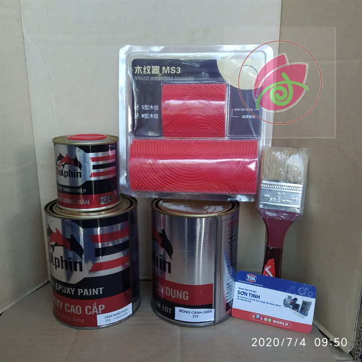Combo sơn giả gỗ (gồm 1 bộ 2k màu vàng, 1 cánh dán, 1 bộ cọ tạo vân gỗ, 1 cọ 3in việt mỹ)