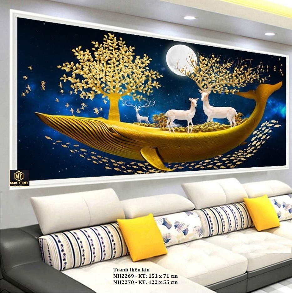 (122x55cm) Tranh thêu kín Hươu tài lộc dưới ánh trăng