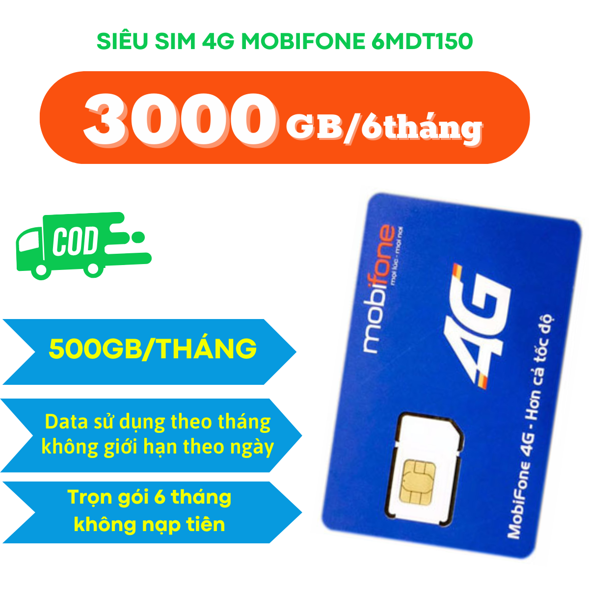 Sim 4g mobi 6mdt150 , sim data trọn gói 6 tháng , ưu đãi 500gb/tháng tốc độ cao , không hỗ trợ nghe gọi . freeship - chưa kích hoạt.