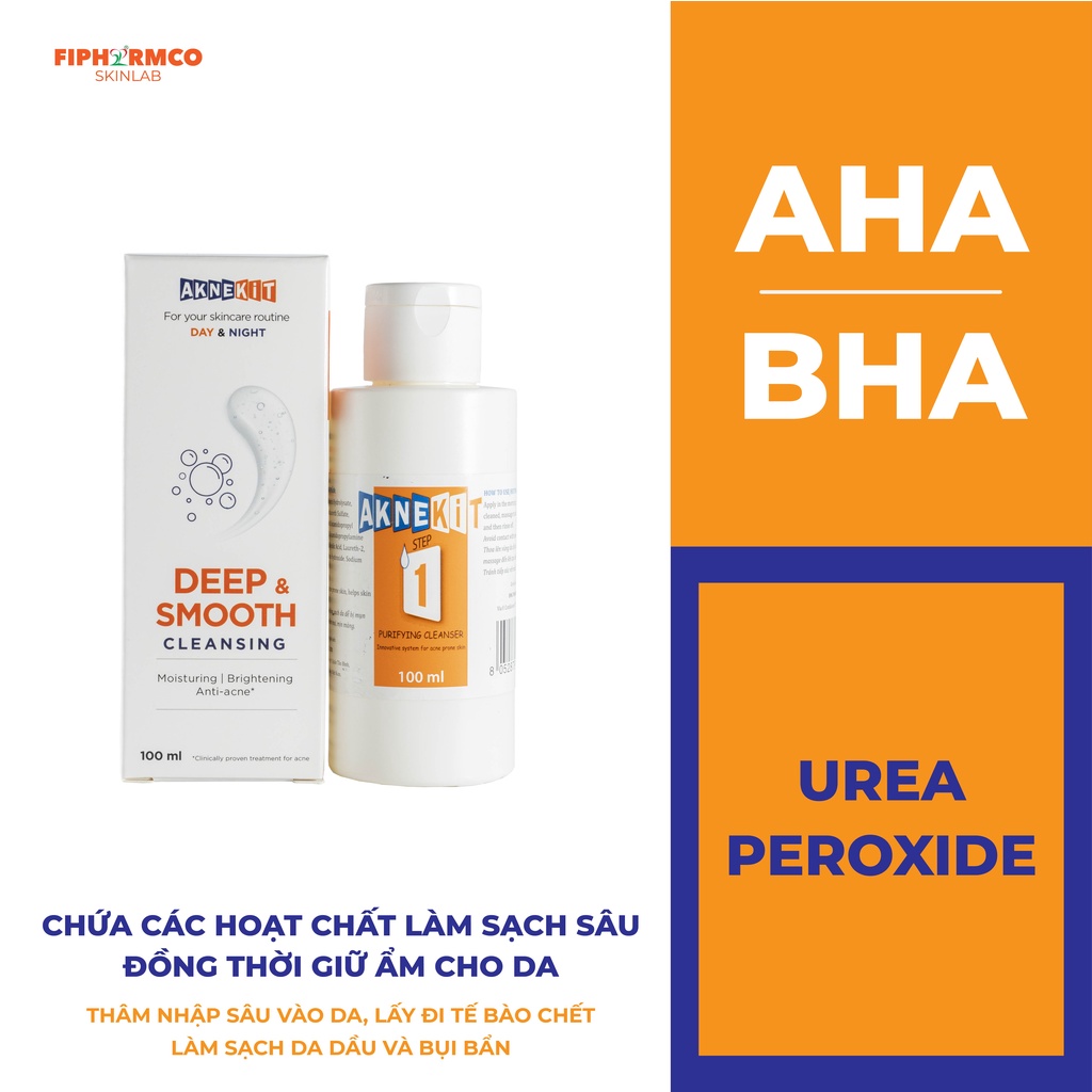 Sữa rửa mặt AKNEKIT từ Ý cho da nhờn mụn, mờ sẹo giảm thâm, làm sạch sâu và giữ ẩm với BHA, AHA và Urea Peroxide - Dược mỹ phẩm 5 Phát