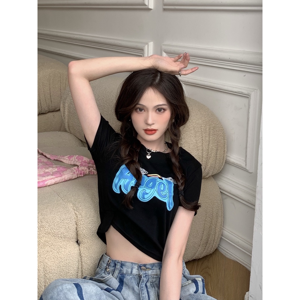 Áo croptop ôm body nữ cổ tròn tay ngắn in chữ angel ttt0415