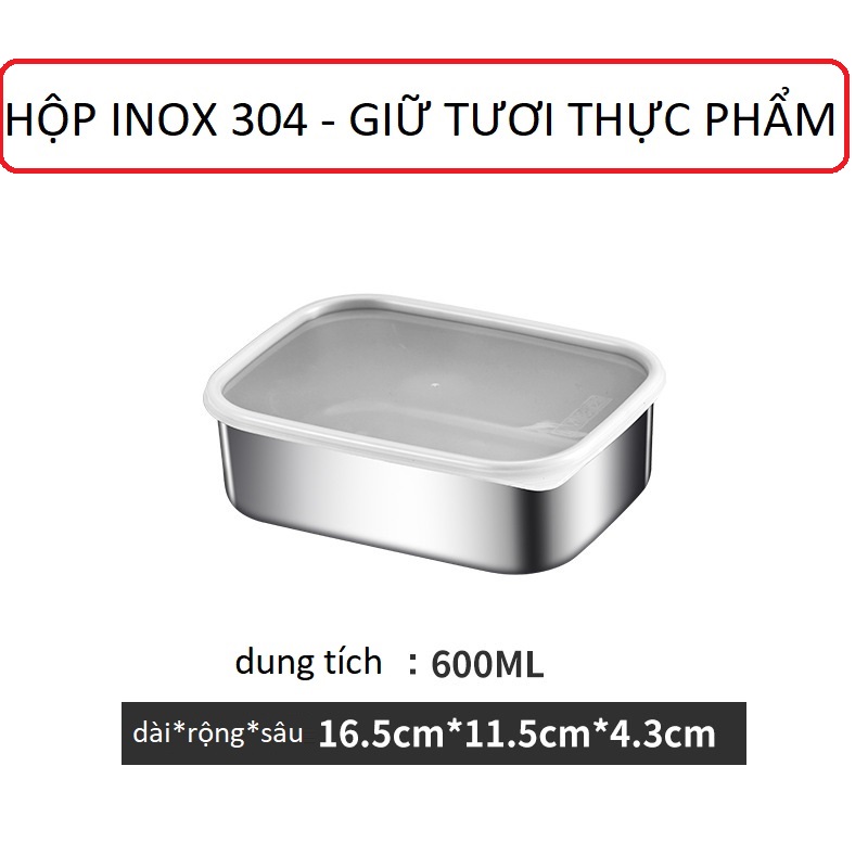 Inox 304 hộp giữ tươi thực phẩm có nắp hộp bảo quản thức ăn trong tủ lạnh có 4 cỡ