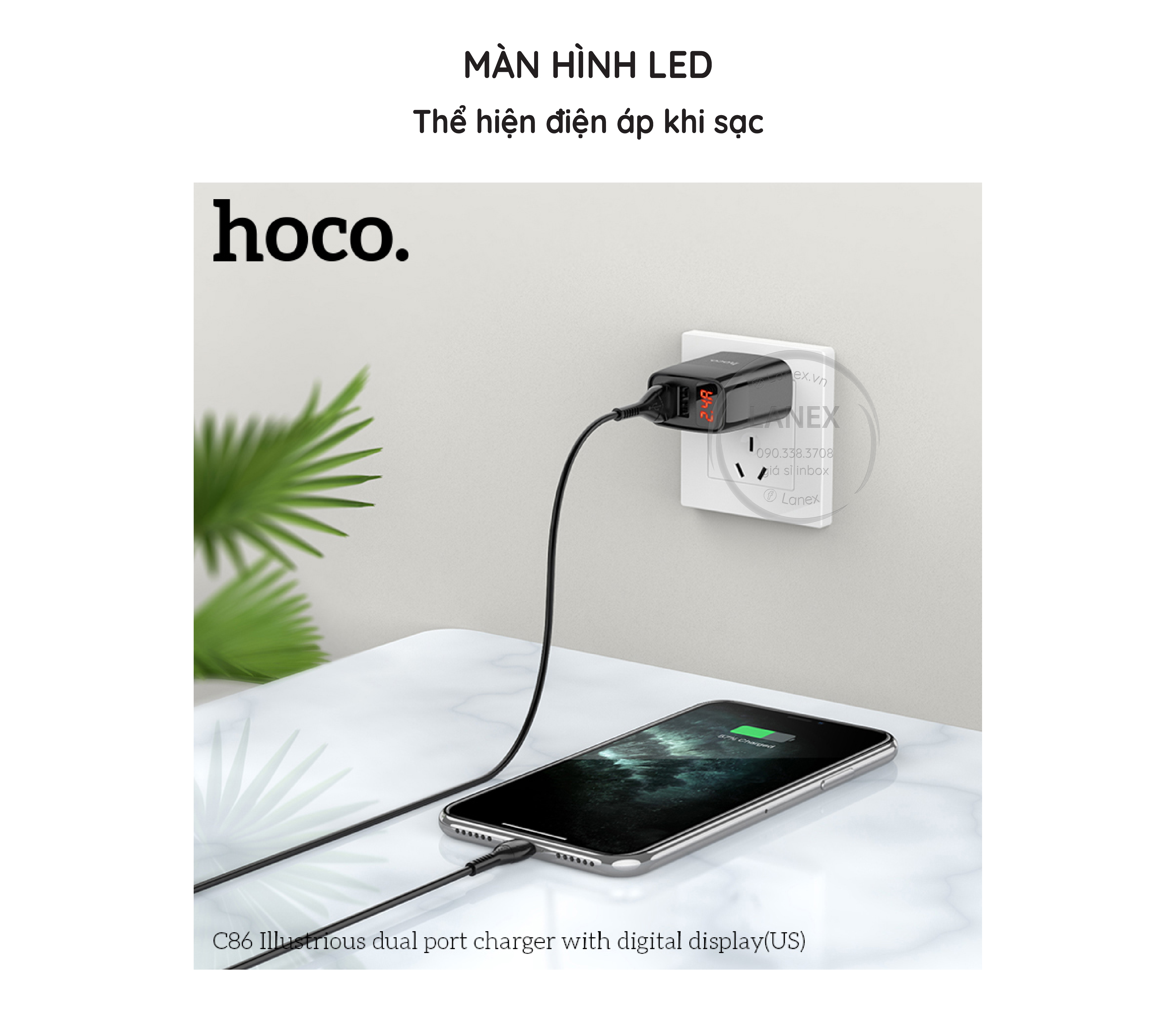 Cóc Sạc Nhanh Hoco C86 2 Cổng Usb 2.4a Màn Hình Led