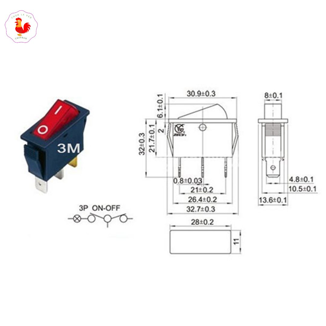 Công tắc bập bênh 3 chân có đèn báo 15A 250V KCD3