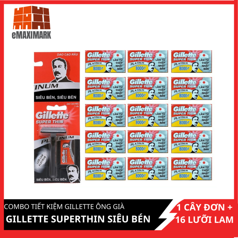[HCM]Combo tiết kiệm Gillette Cán đen ông già 1 cây đơn + 16 lưỡi lam Gillette Superthin siêu bén