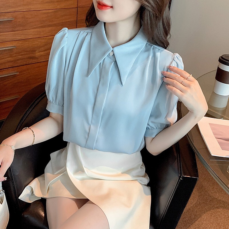 Áo sơ mi nữ đẹp kiểu Hàn Quốc tay ngắn phồng cổ nhọn  B589  thời trang PONIVALAZA sang trọng Chất liệu cao cấp không nhăn không xù không phai màu mẫu mới hot trend