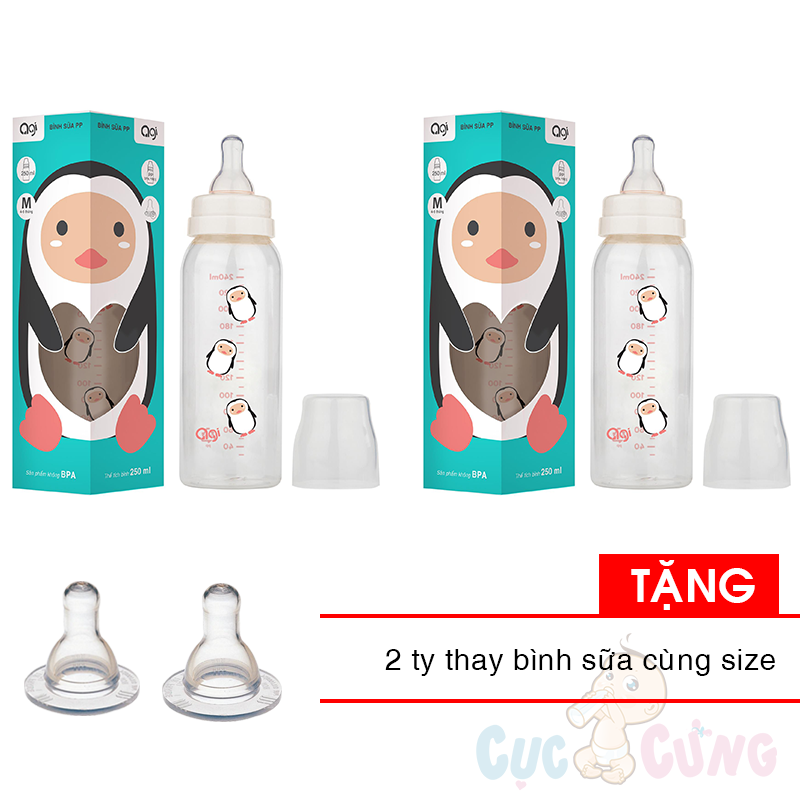 Bộ 2 bình sữa agi premium cổ thường 250ml tặng 2 ty binh sua cùng size