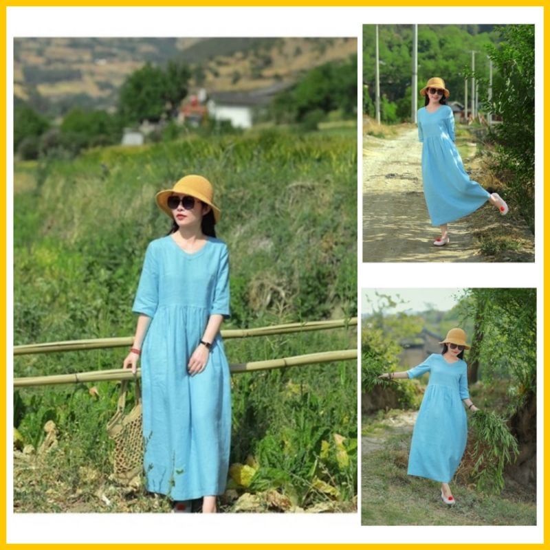 Đầm linen dáng suông cổ tim nhún eo tay lỡ mùa hè mặc bao mát thấm hút mồ hôi nha các chế