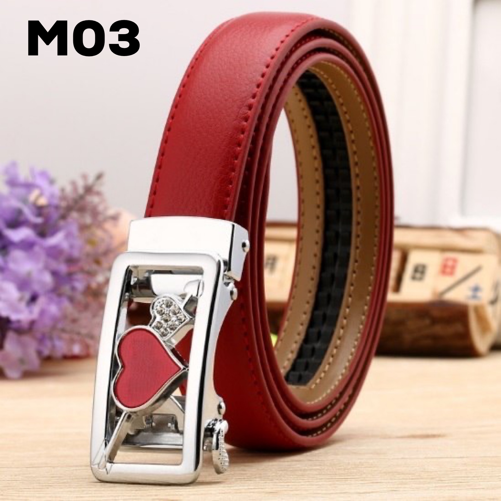 Thắt lưng nữ da bò khoá tự động - Màu đỏ