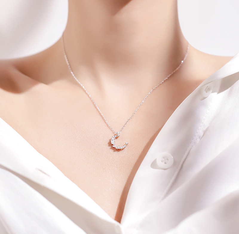 Dây chuyền loại ngắn trăng đá zircon bạc mắt xích dây 45 cm ưu tiên thanh toán momo