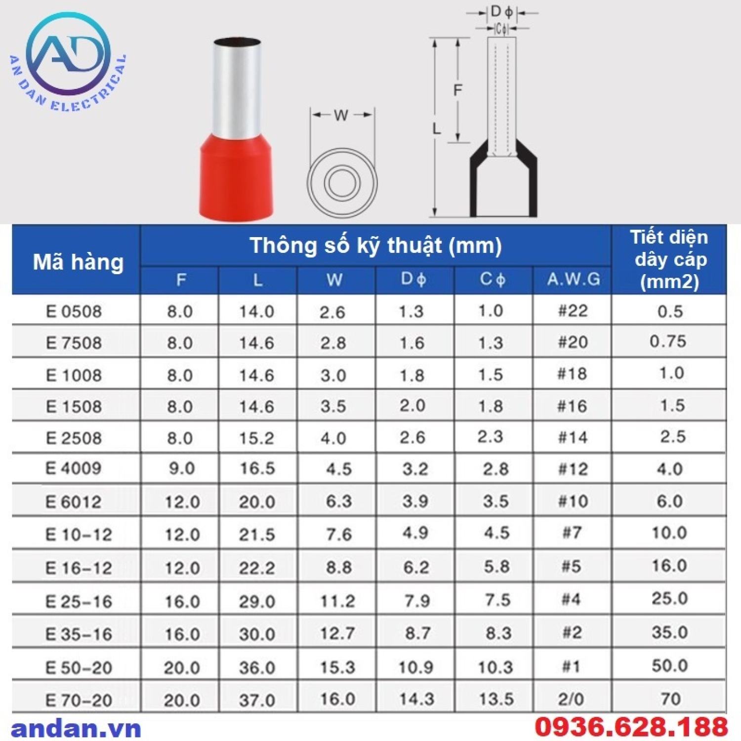 Đầu cốt pin rỗng, cos kim đơn E0508 E7508 E1008 E1508 E2508 E4009 E6012 E10-12 E16-12 E25-16 E35-16 E50-20, E70-20