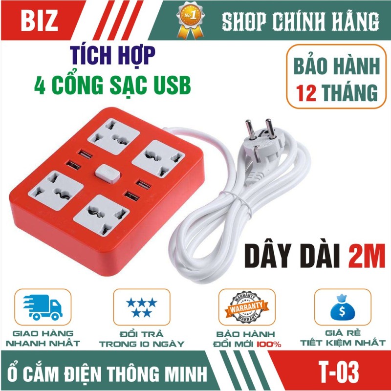 Bảng giá Ổ cắm điện thông minh tích hợp 4 cổng sạc nhanh Usb 5V-4A - bảo hành 12 tháng!