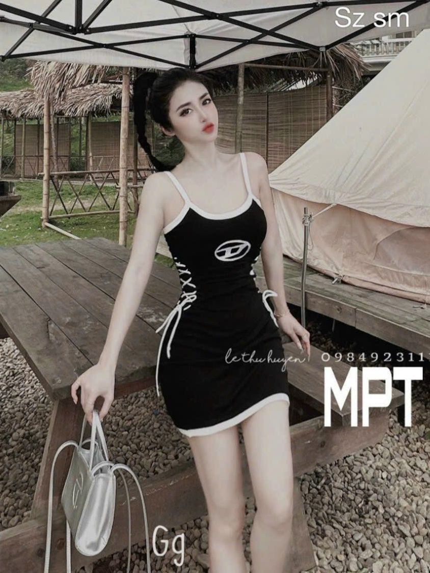 Đầm thun hai dây rút eo quyến rũ, váy body ôm thun đen mặc hè mát mẻ, đầm bodycon thun gân