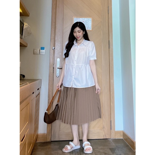 Áo bầu Sơ mi trắng babydoll trẻ trung