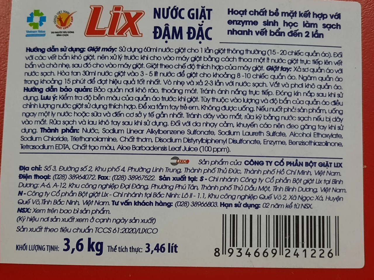 Nước giặt LIX 3.6kg - BACH HOA HV